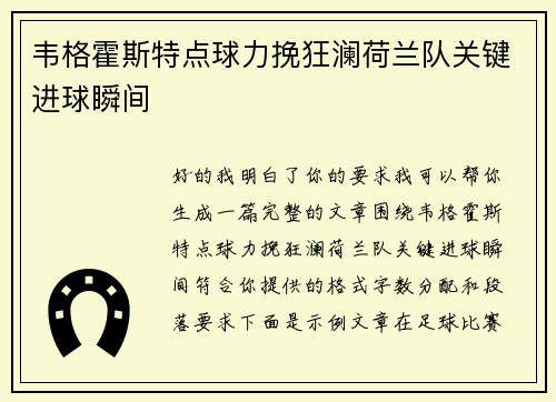 韦格霍斯特点球力挽狂澜荷兰队关键进球瞬间 韦格霍斯特点球力挽狂澜荷兰队关键进球瞬间